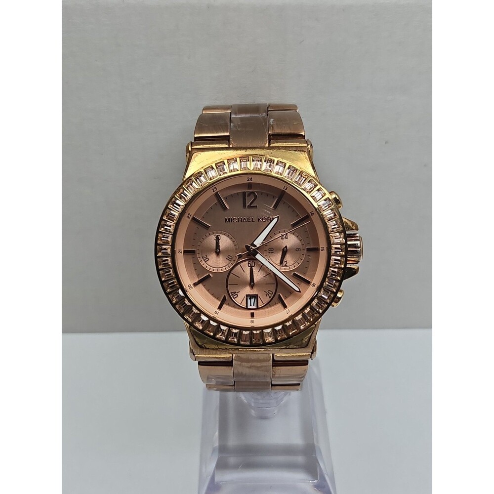 Michael Kors Dylan Womens Rose Gold Baguette Bezel Chronograph Watch New Battery